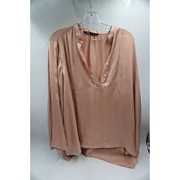 Zara Satin Nude/Golden V-Neck Tunic Wide Sleeve Flowy Blouse Size Xl - Picture 4 of 8